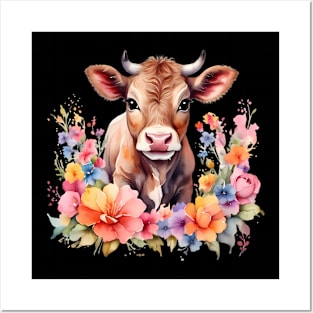 A cow decorated with beautiful watercolor flowers Posters and Art